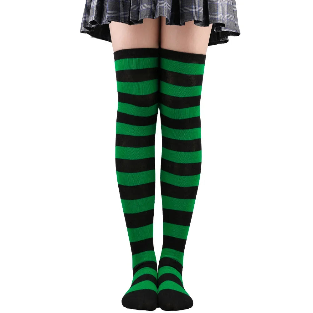Women’s Striped Thigh High Socks – Black White Pink