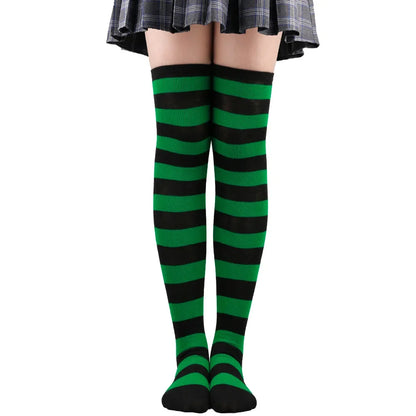 Women’s Striped Thigh High Socks – Black White Pink