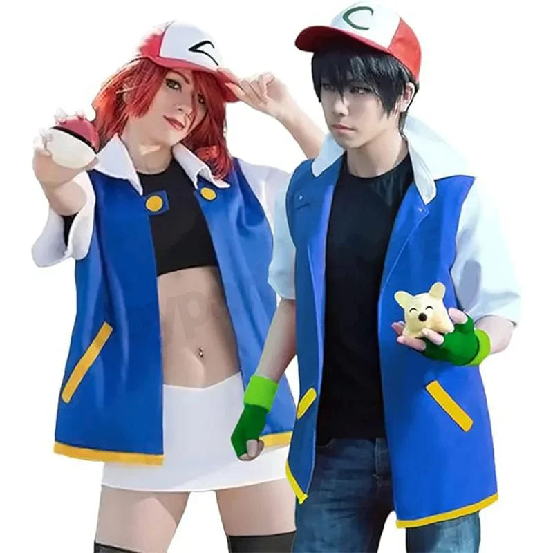 Adult Ash Ketchum Costume for Halloween Men Anime Trainer Cosplay Women Disfraz Party Blue Jacket Cap and Gloves Full Sets