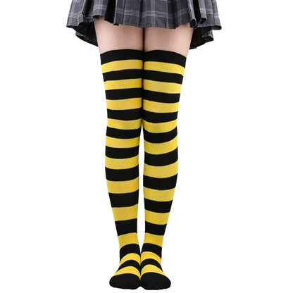 Women’s Striped Thigh High Socks – Black White Pink