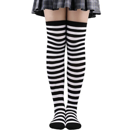 Women’s Striped Thigh High Socks – Black White Pink