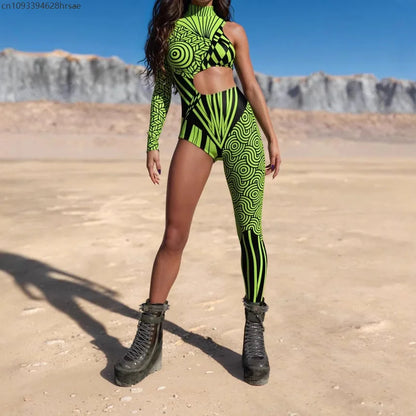 Women Punk Asymmetrical Holiday Bodysuit Costume Colorful Rainbow Jumpsuit Cosplay Halloween Party Performance Tights Suit