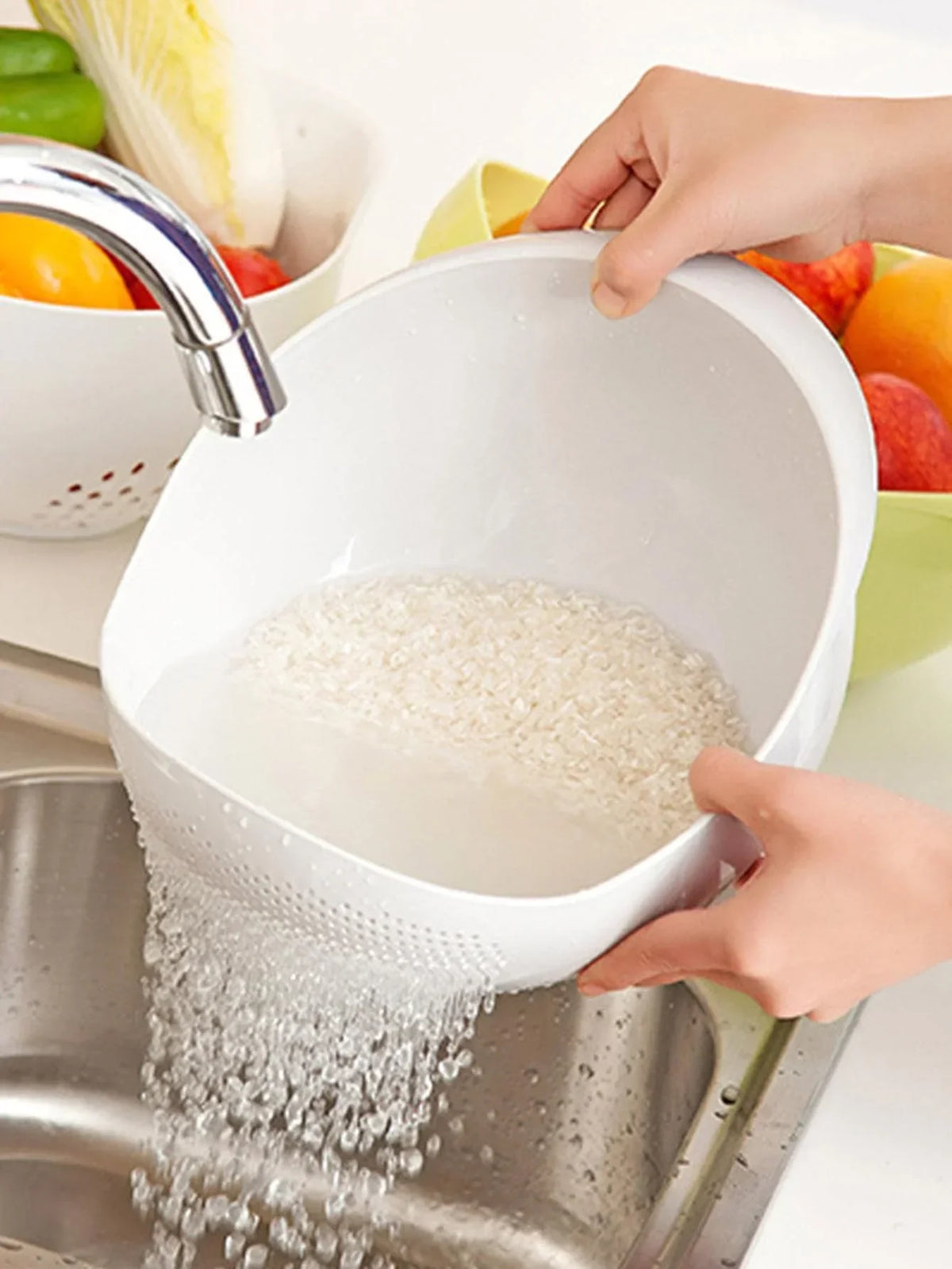 Silicone Colander Rice Washing Bowl with Handle