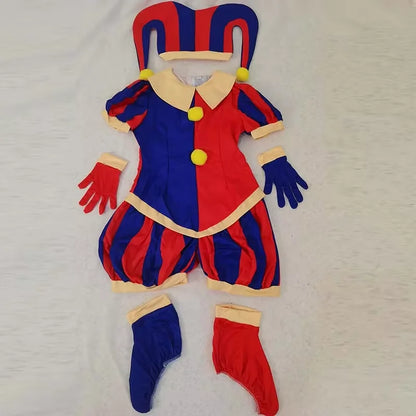 Women Red Blue Jester Costume Set Jumpsuit with  Hat Gloves Foot Covers Halloween Carnival Fancy Dress Outfits for Cosplay Comic