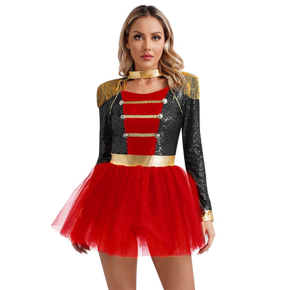 Womens Circus Ringmaster Halloween Cosplay Costume Glitter Lion Tamer Director Uniform Circus Majorette Carnival Clown Clothings