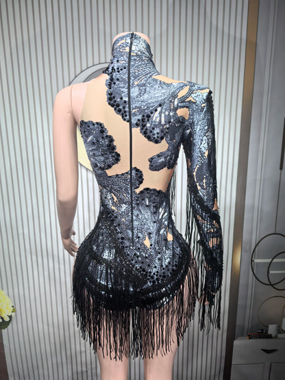 Sexy Skinny Leotard Singer Dancer Show StageWear Sparkly Blue Rhinestones Women DanceCostume Fringes One Shoulder Bodysuit  7G