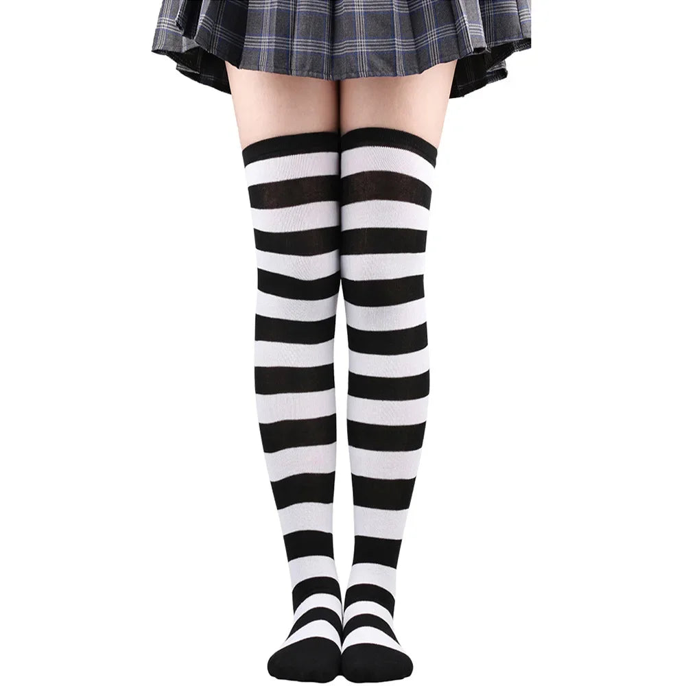 Women’s Striped Thigh High Socks – Black White Pink