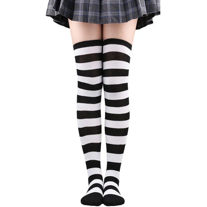 Women’s Striped Thigh High Socks – Black White Pink