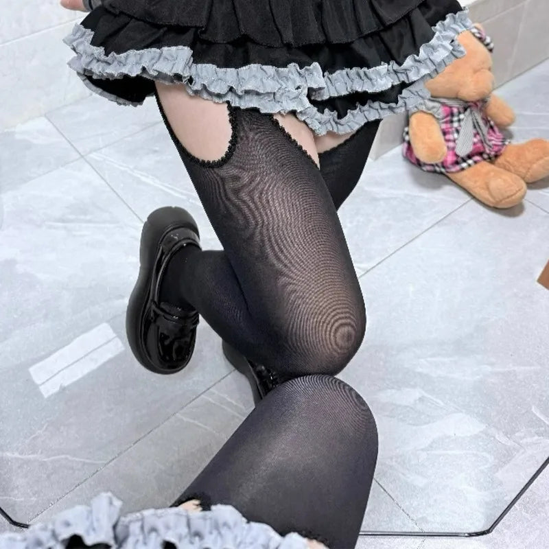 Suspender Black Tights Stockings Womens JK Lolita Y2K Punk High Waist Thigh Suspender Stockings Pantyhose Breathable Long Socks