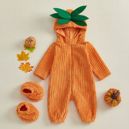 Baby Orange Appliques Costume, Long Sleeve Hooded Jumpsuit with Shoe Covers Halloween Cosplay Costume