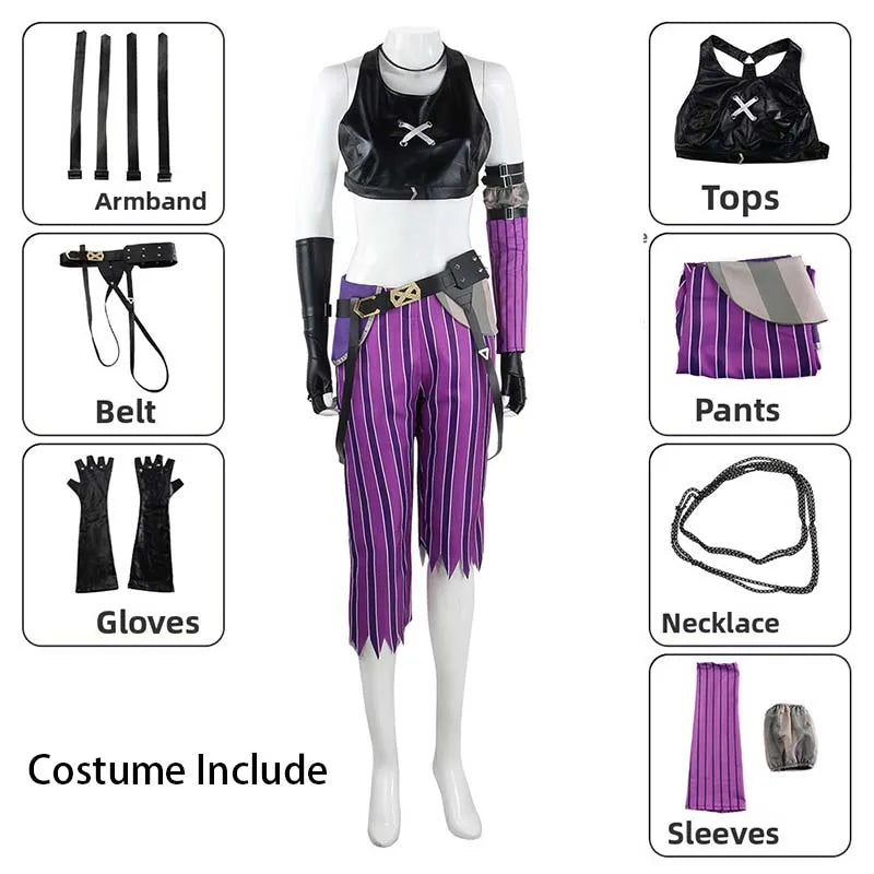 Women Purple Striped Cropped Pants Outfit Set with Gloves Stage Fancy Dress Costume for Halloween Carnival Comic-Con Cosplay