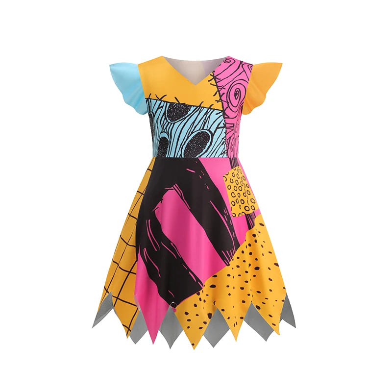 Baby Girls Patchwork Rag Doll Cosplay Dress Kids Fancy Outfit for Halloween Carnival Birthday Theme Party Role Play Dress-Up