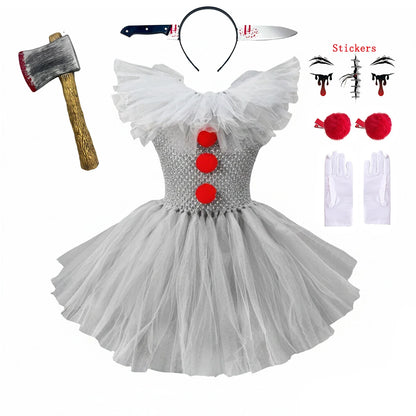 Children Halloween Joker Costumes for Baby Girls Scary Ghost Doll Killer Fancy Tutu Dress for Kids Carnival Party Horror Outfit