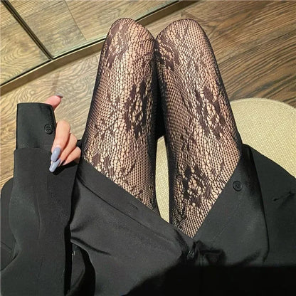 Women’s Floral Lace Tights – Black Mesh Gothic Style