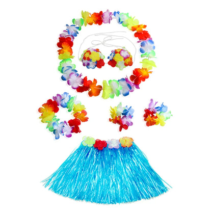 Hawaiian Dance Child Skirt with Leis Costume, Elastic Luau Grass, Hawaiian Flower Bracelets, Headband, Necklace, 40cm, 5pcs 6Pcs