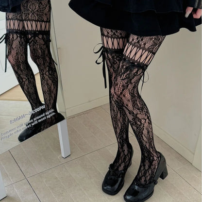 Lace Bow Tights for Women – Decorative Hollow Out Design