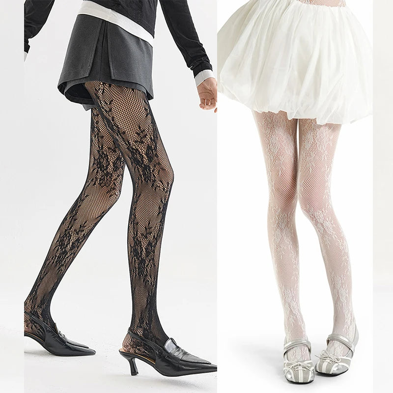 Floral Lace Tights – Patterned Mesh Hosiery