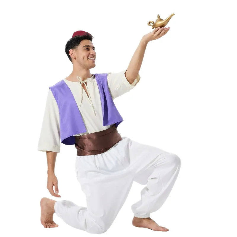 Men's Aladdin Prince Costume Anime Arabian Nights Costume Halloween Cosplay Gift with Magic Lamp Prop Hat Game Performance