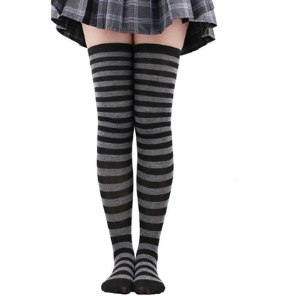 Women’s Striped Thigh High Socks – Black White Pink