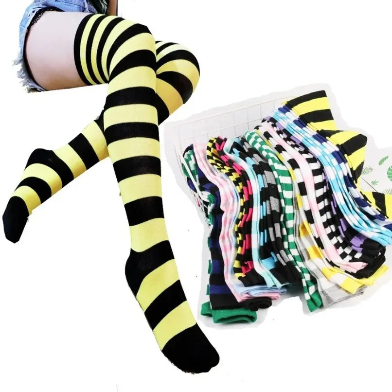 Women’s Striped Thigh High Socks – Black White Pink