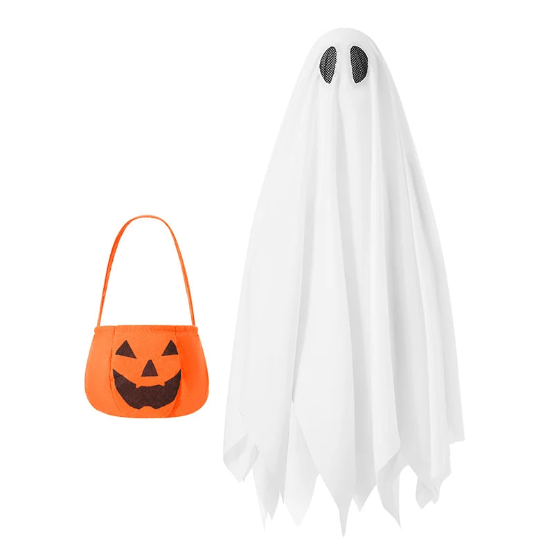 Kid Halloween Costume White Ghost Cloak with Pumpkin Handbag 2 Pcs Set Cosplay Clothes