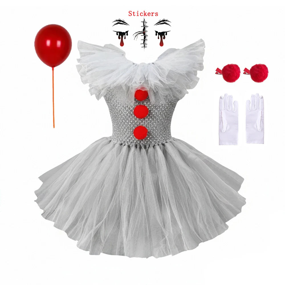 Children Halloween Joker Costumes for Baby Girls Scary Ghost Doll Killer Fancy Tutu Dress for Kids Carnival Party Horror Outfit