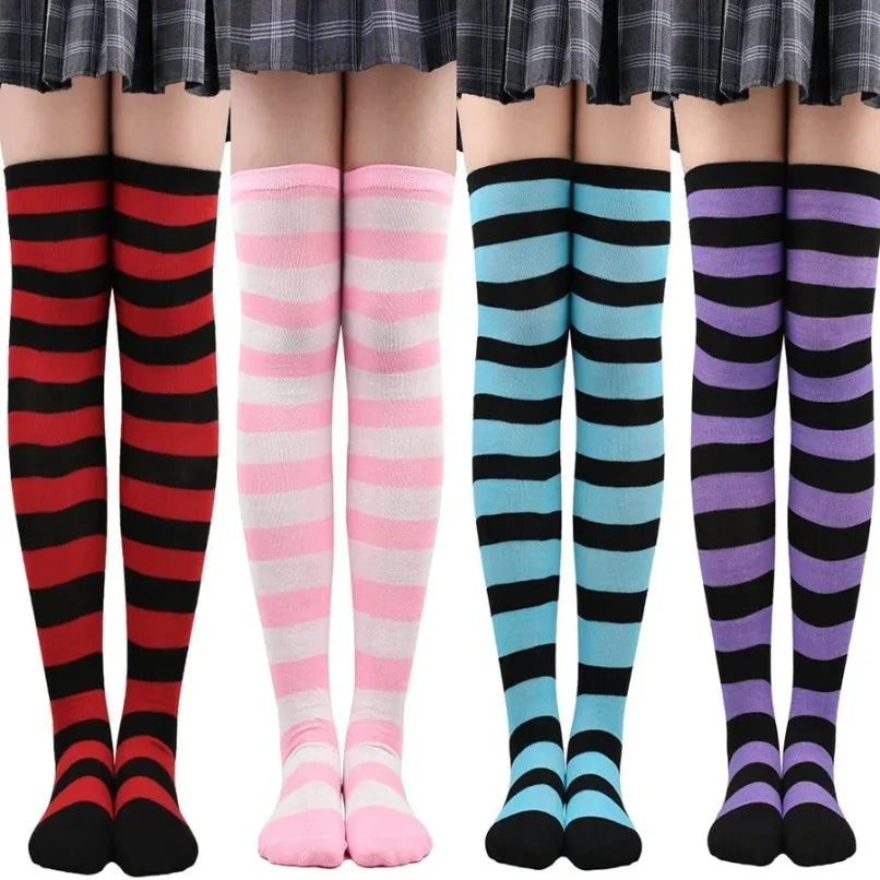 Women’s Striped Thigh High Socks – Black White Pink