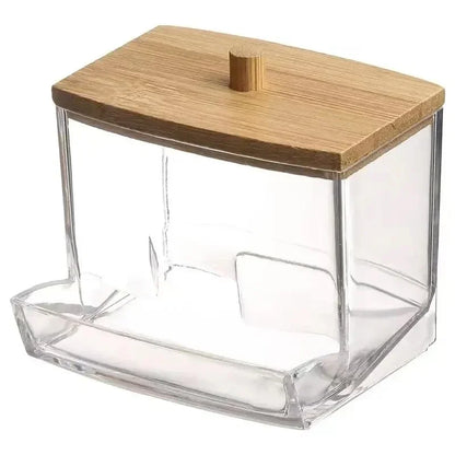 Cotton Swab Storage Box with Bamboo Cover, Clear Cotton Bud Organizer