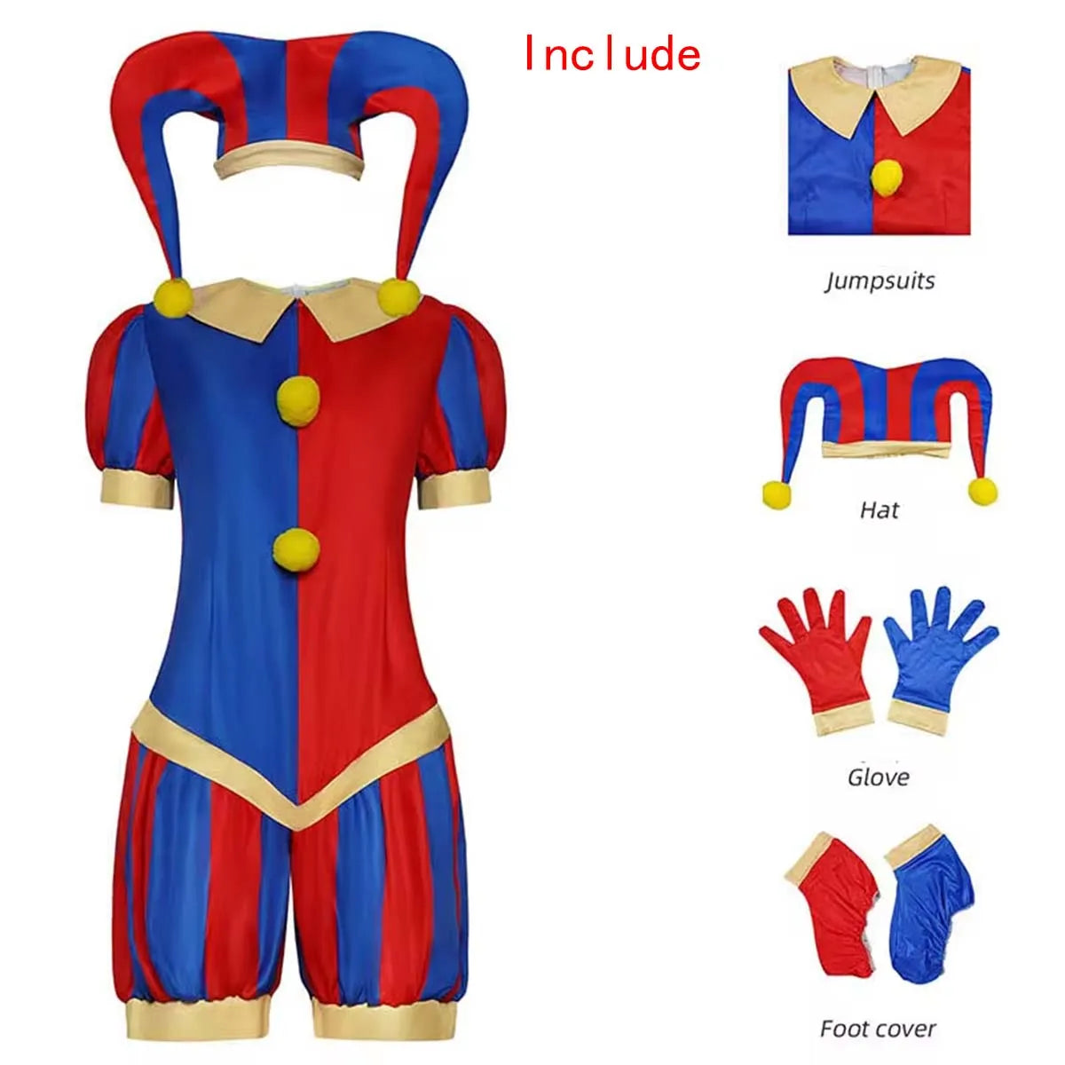 Women Red Blue Jester Costume Set Jumpsuit with  Hat Gloves Foot Covers Halloween Carnival Fancy Dress Outfits for Cosplay Comic