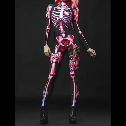Female Ghost Bride Jumpsuit Printed Skeleton Rose Dressup Costume Horror Theme Party Halloween Girls Trendy Parent-Child Costume