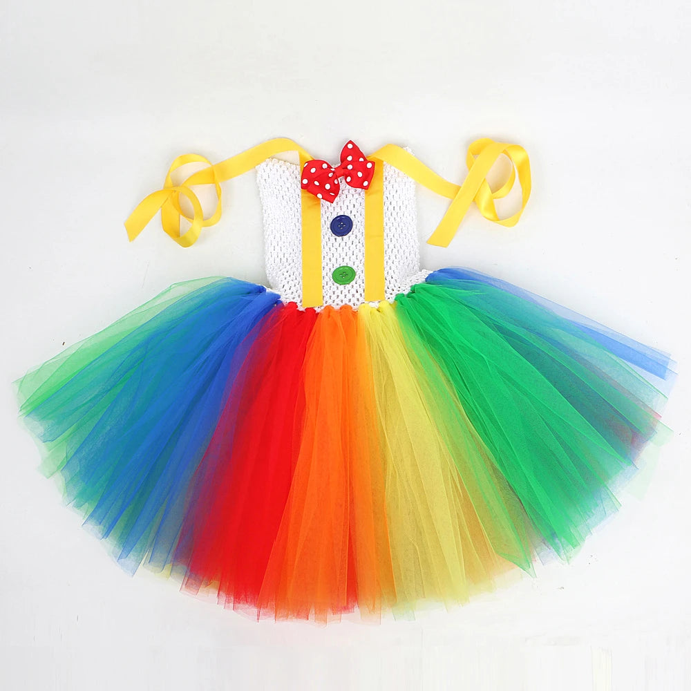 Rainbow Circus Clown Costume for Girls Halloween Fancy Tutu Dress Kids Toddler Birthday Carnival Party Outfit with Red Nose