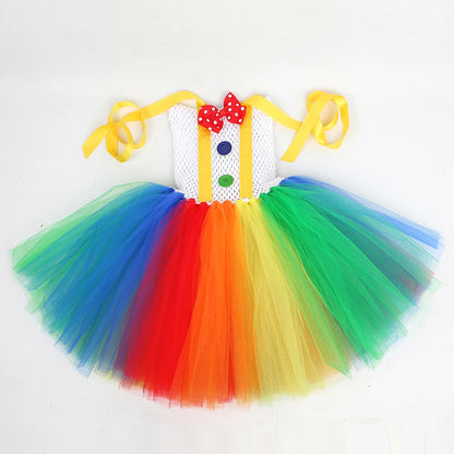 Rainbow Circus Clown Costume for Girls Halloween Fancy Tutu Dress Kids Toddler Birthday Carnival Party Outfit with Red Nose