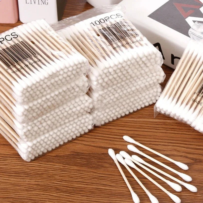 Cotton Swab Storage Box with Bamboo Cover, Clear Cotton Bud Organizer