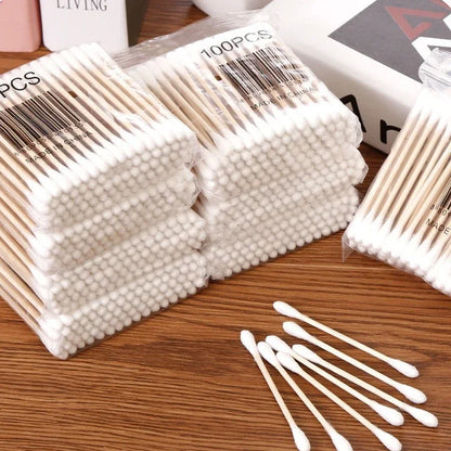 Cotton Swab Storage Box with Bamboo Cover, Clear Cotton Bud Organizer