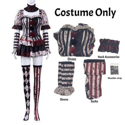 Women Clown Cosplay Costume Circus Jester Dress Halloween Party Performance Outfit Role Play Carnival Stage Suit