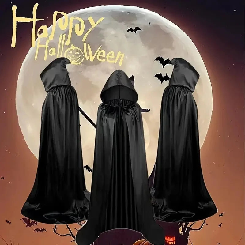 Halloween Cloak Soft Unisex Hooded Black Robe Witch Long Cape Cosplay Costume Prop Party Performance Supplies Holiday Decoration