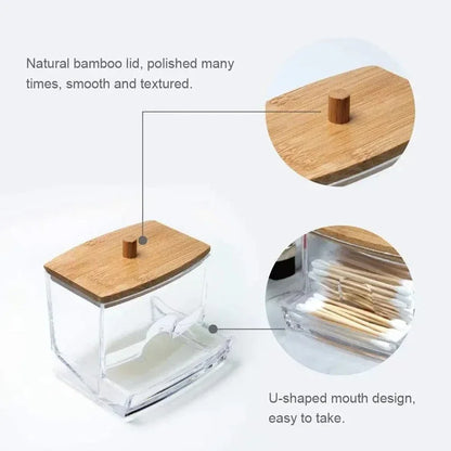 Cotton Swab Storage Box with Bamboo Cover, Clear Cotton Bud Organizer