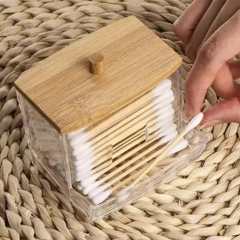 Cotton Swab Storage Box with Bamboo Cover, Clear Cotton Bud Organizer