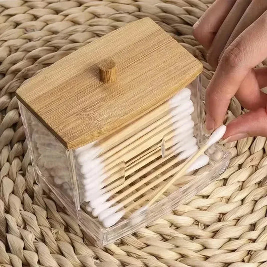 Cotton Swab Storage Box with Bamboo Cover, Clear Cotton Bud Organizer